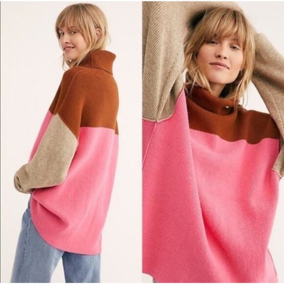 Rare Free People Soft-Girl Colorblock Turtleneck Sweater XS Pink Beige Brown EUC - Picture 1 of 11